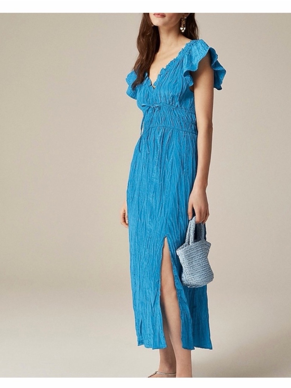 JCrew: Blue Ruffled V-Neck Maxi Dress with Side Slit